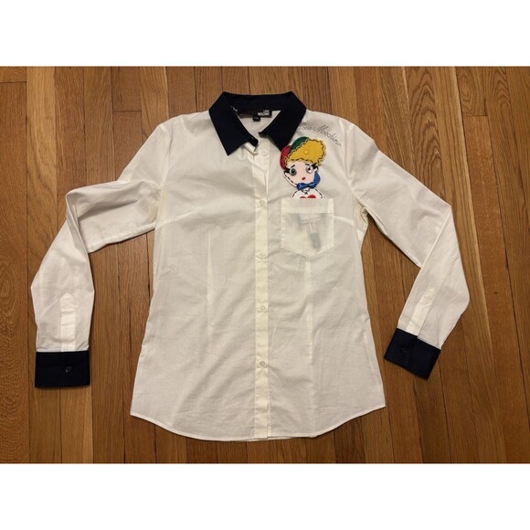 Love Moschino Cotton Button Up Shirt Blouse With Felt Girl Icon Insert Doll 6 - Picture 1 of 9